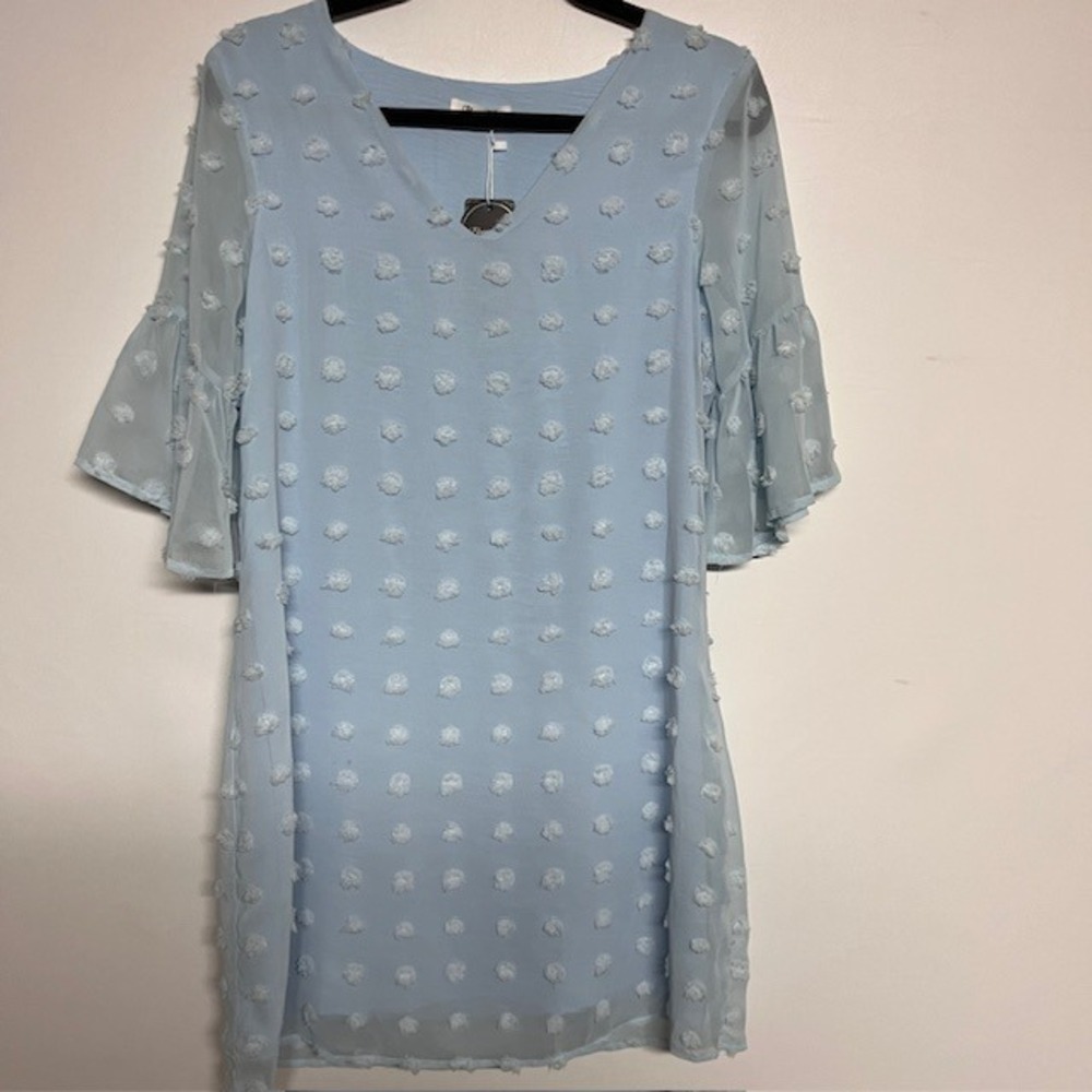 Blooming Jelly Swiss Dot Dress Bell Sleeve Sheer Overlay Light‎ Blue S